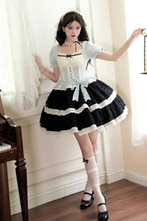 Black/Blue Mint Dark Chocolate Fake Two-piece Square Collar Ruffle Bowknot Sweet Lolita Dress